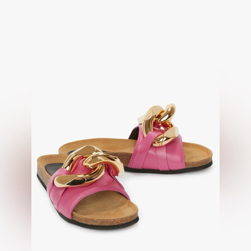 JW Anderson Fuchsia Leather Calfskin Chain Slide Sandals Size 38